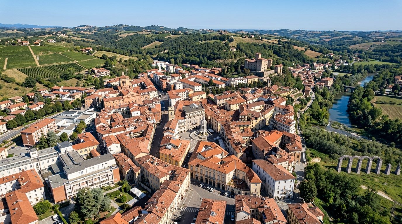 Veduta aerea di Acqui Terme con La Bollente, il castello e gli Archi Romani
