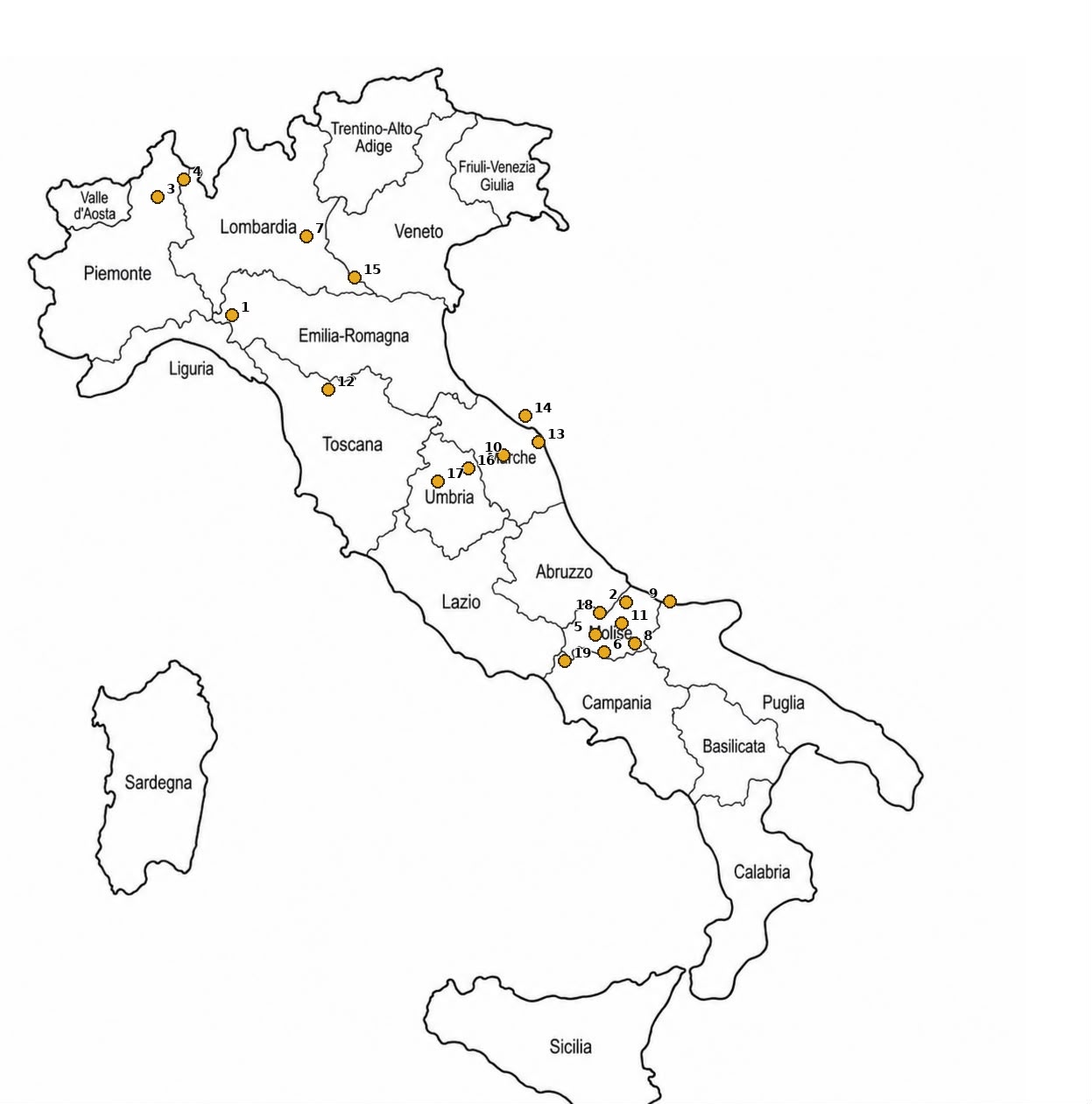 Mappa delle 19 aree camper di prossima apertura, numerate in ordine alfabetico