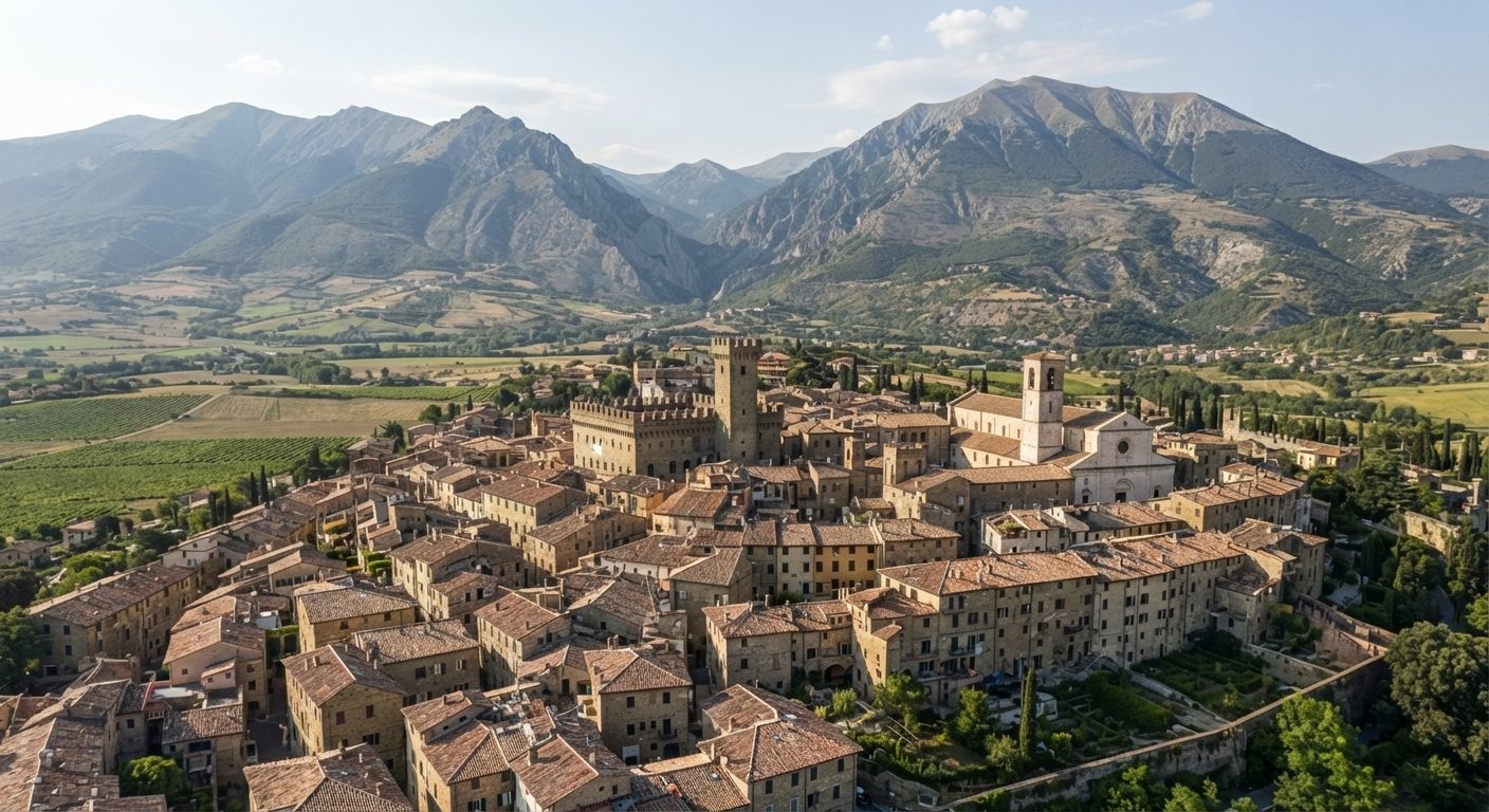 Veduta aerea di Trasacco (AQ) con le montagne della Marsica sullo sfondo
