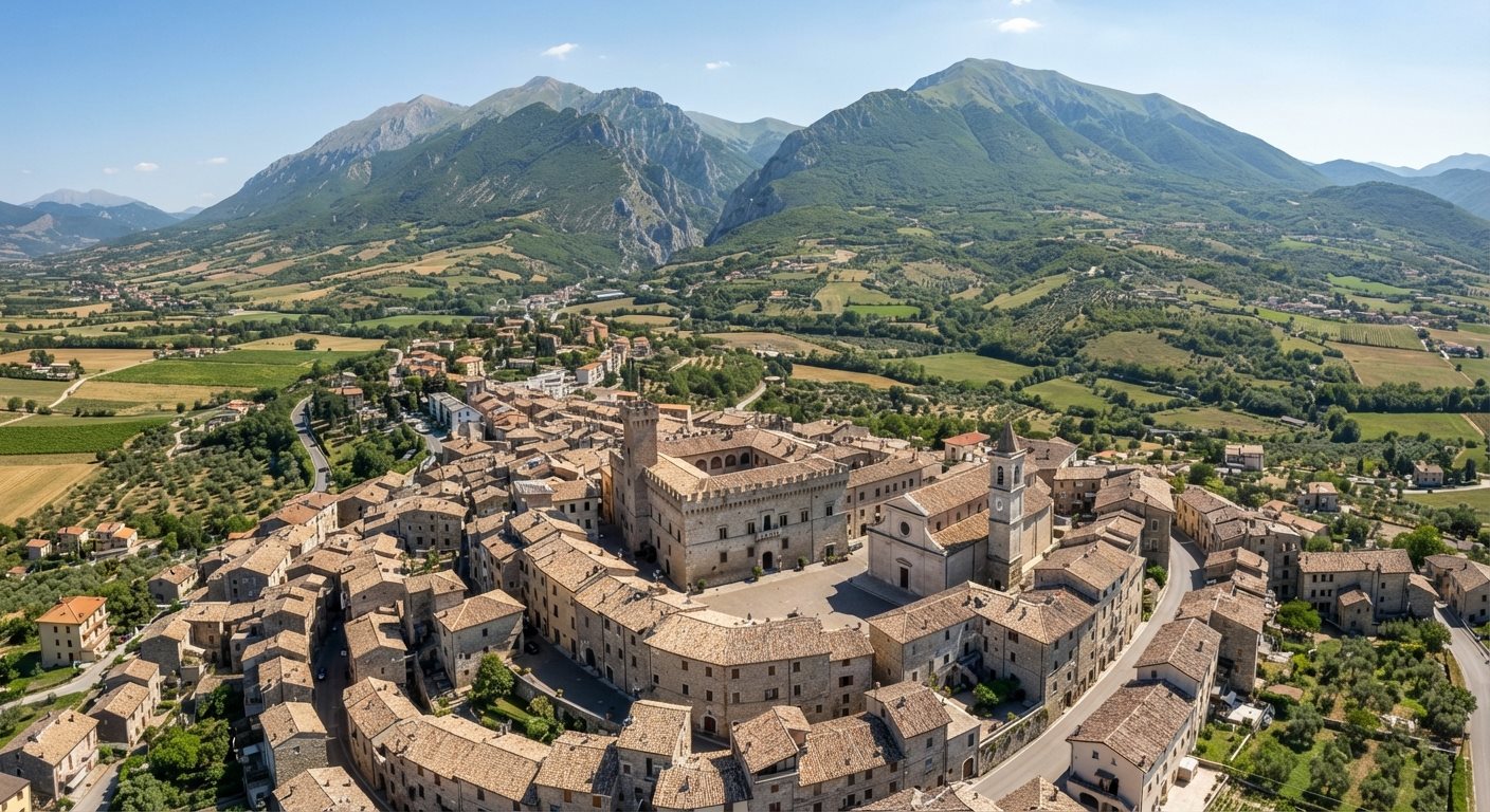 Veduta aerea di Villa Sant'Angelo (AQ) con il Monte Sirente sullo sfondo