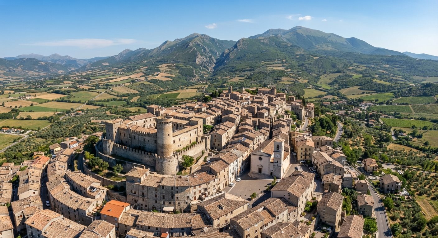 Veduta aerea di Villa Santa Lucia (FR) con i monti della Ciociaria sullo sfondo